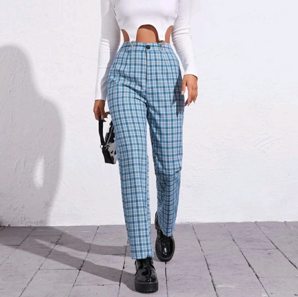 Blue Plaid High-Rise Straight Leg Pants